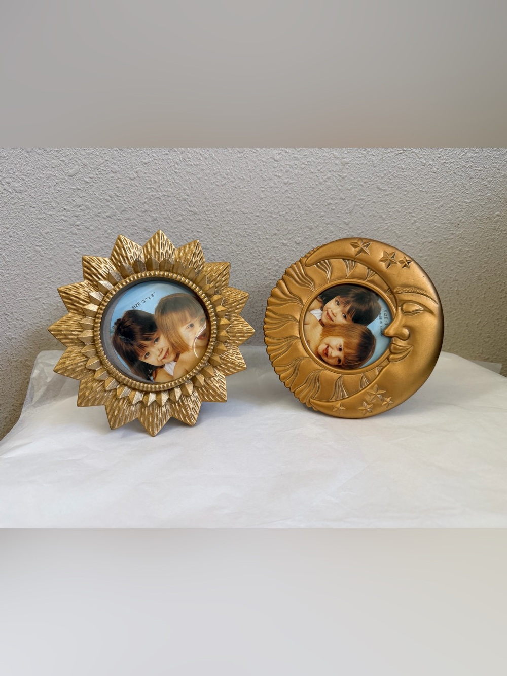 Gold Resin 3x3 Round Celestial Sun Moon Photo Frame Set Ornate Vintage Matte